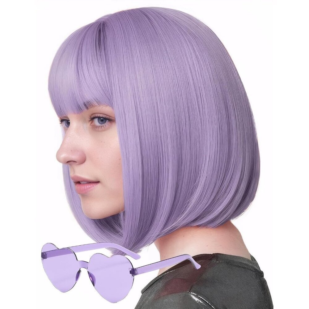 Women's Grayish Purple 12 Inch Costume Cosplay Party Short Bob Wigs And Sunglass